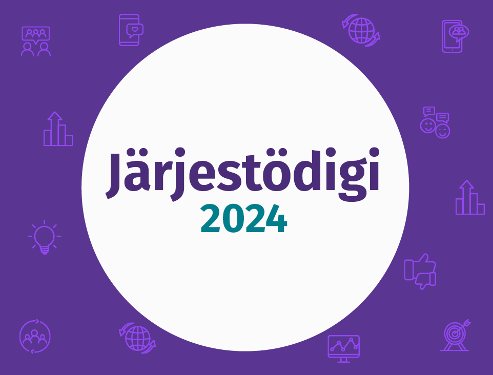 Valkoisen ympyrän keskellä lukee Järjestödigi 2024. Ympärillä on violetit reunat.